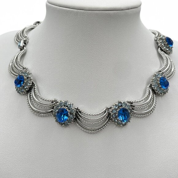 Vintage CORO LA REINE Blue Rhinestone Silver Tone Necklace Book Piece 1955 - Picture 1 of 9